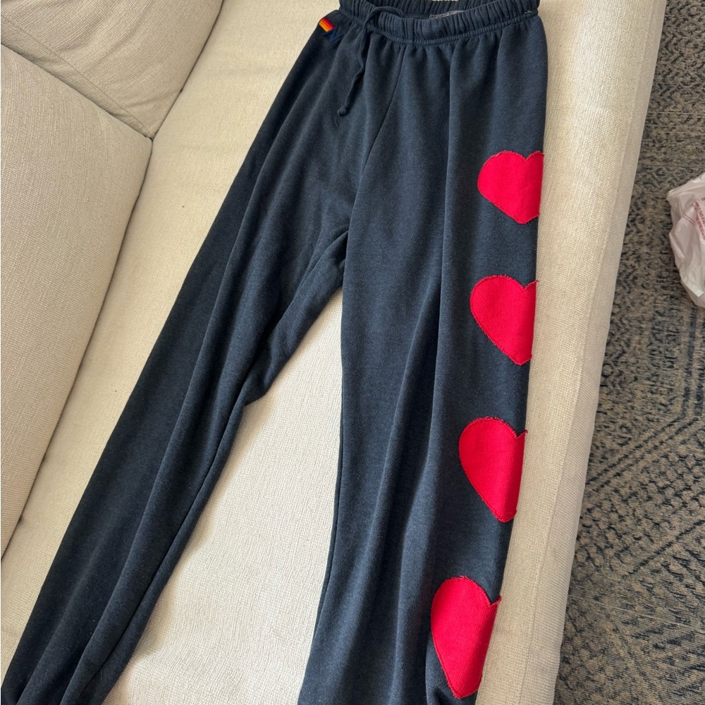 Aviator Nation Black Track Pants with Red Hearts